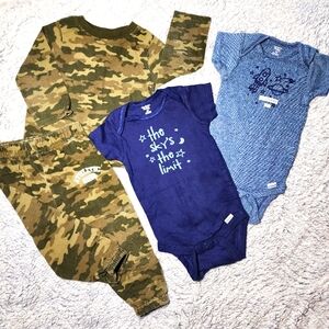Lot of Toddler Onesies and Camo Pant Set